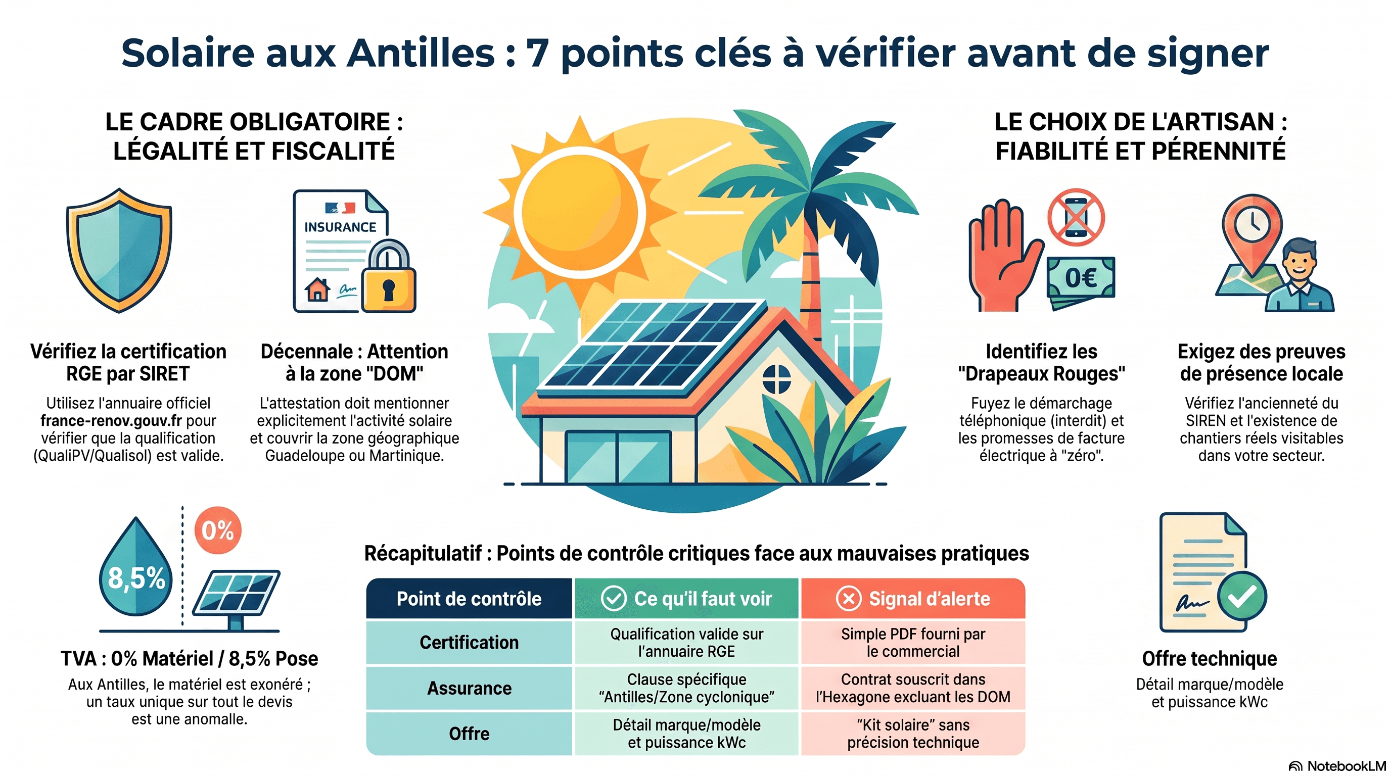 L'essentiel de l'article en une infographie : Installateur solaire aux Antilles : les 7 vérifications clés