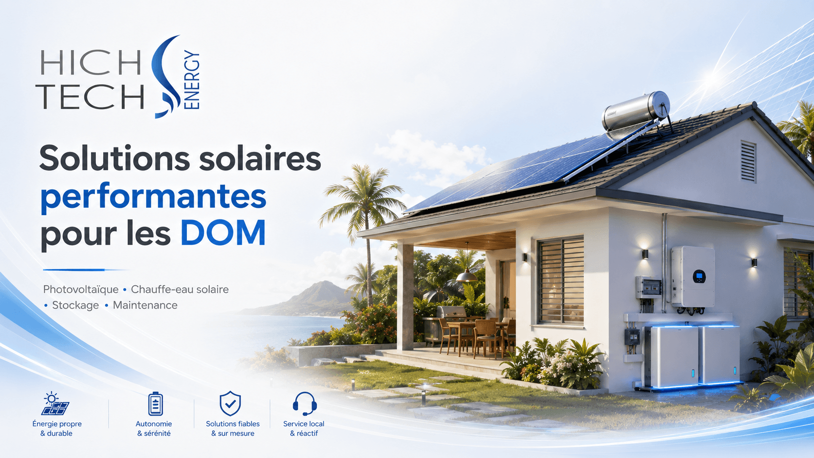 Maison aux Antilles équipée par High Tech Energy : panneaux photovoltaïques, chauffe-eau solaire, batteries de stockage et onduleur