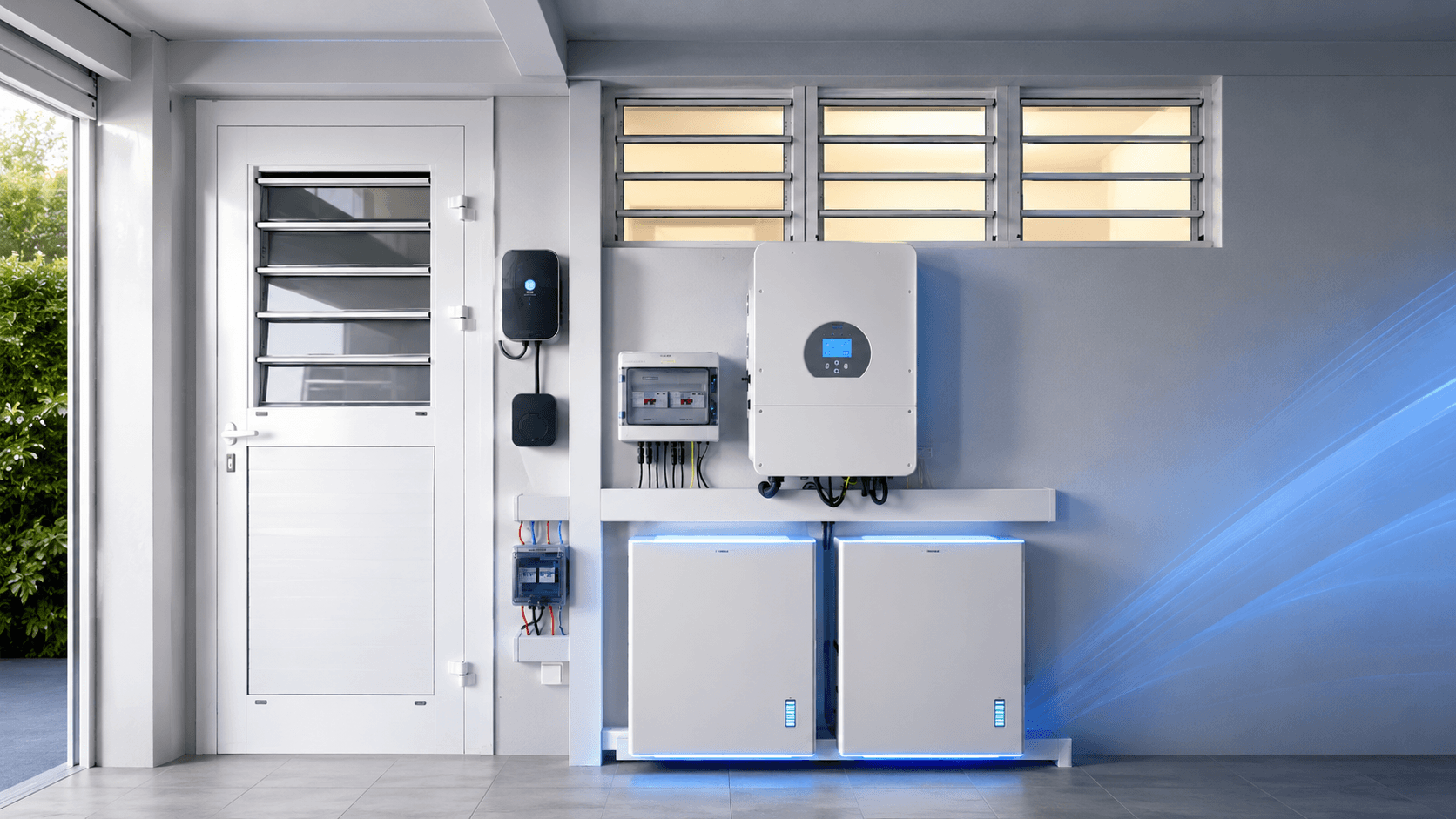 Installation complète High Tech Energy : onduleur hybride et batteries de stockage dans une maison moderne aux Antilles