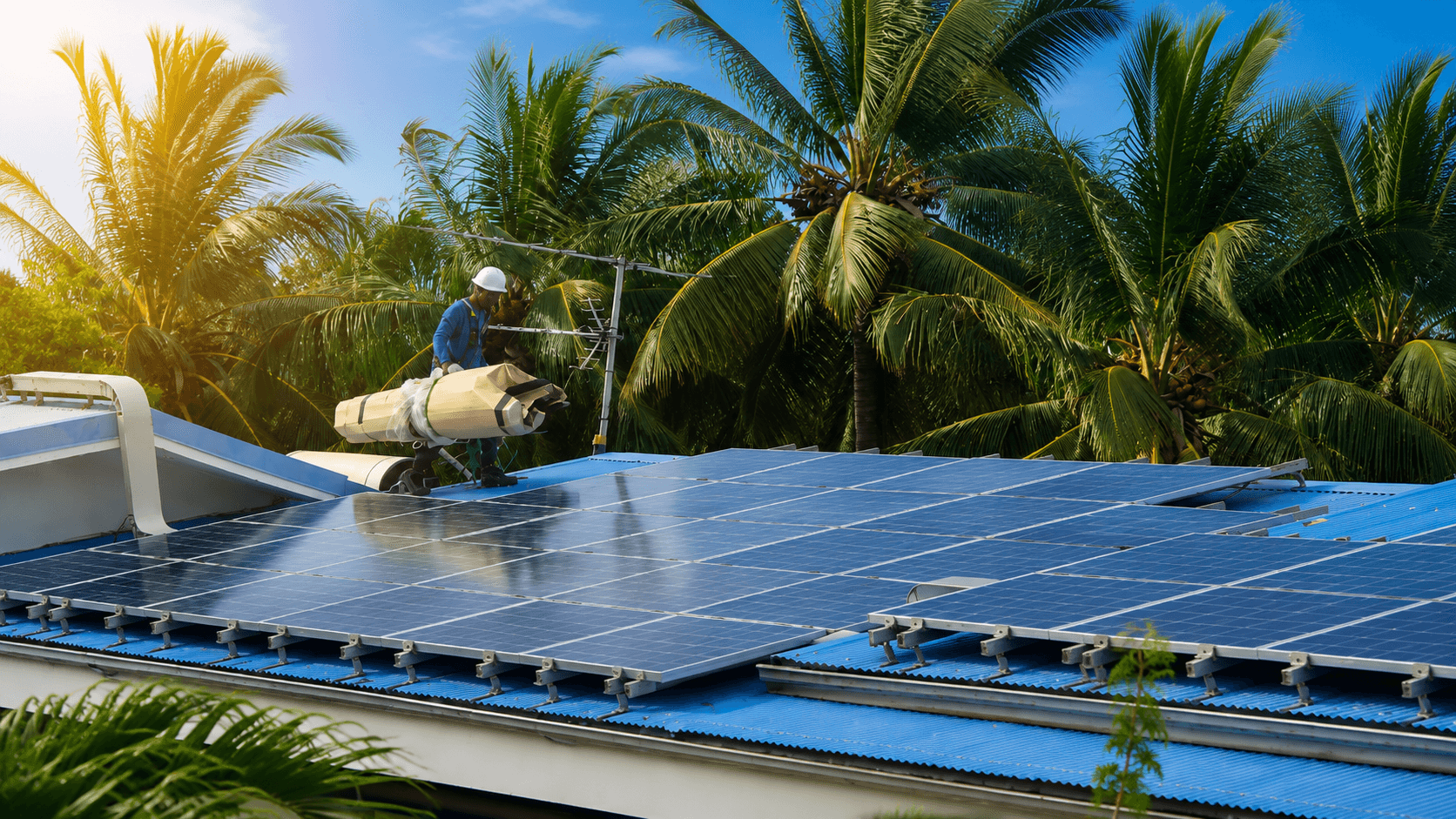 Pose de panneaux photovoltaïques sur une toiture aux Antilles, technicien High Tech Energy sous les cocotiers