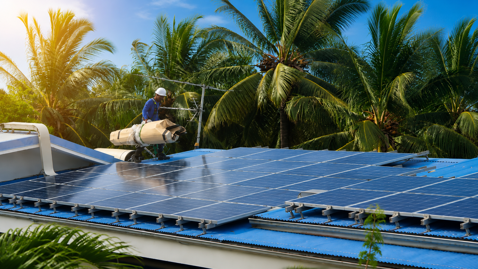 Pose de panneaux solaires sur une toiture tropicale exposée aux embruns